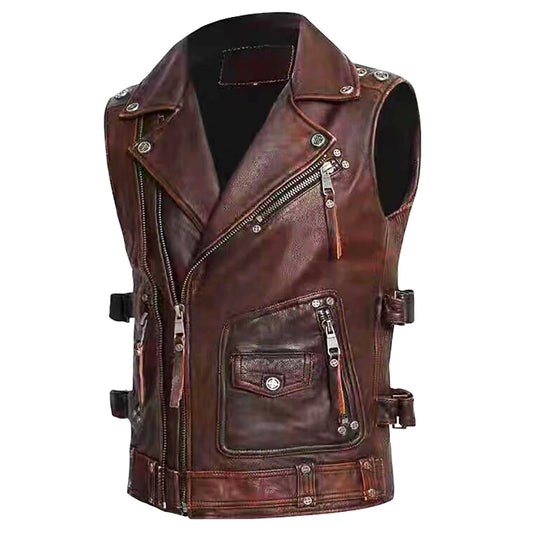 Vintage Brown Genuine Cow Leather Vest Men Motorcycle Vests Black Men's Biker Jacket Sleeveless Motor Club Riding