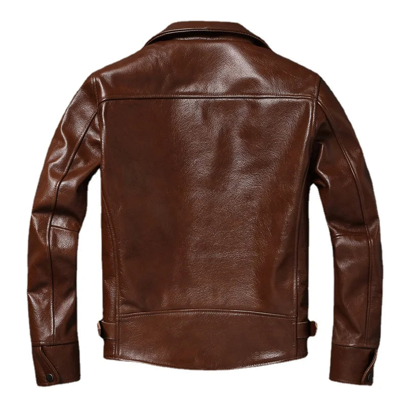 Brown Oil Waxed First Layer Cowhide Leather Jacket Men Fashion Swallowtail Style Slim Fit Leather Coat Men's Clothing Asian Size