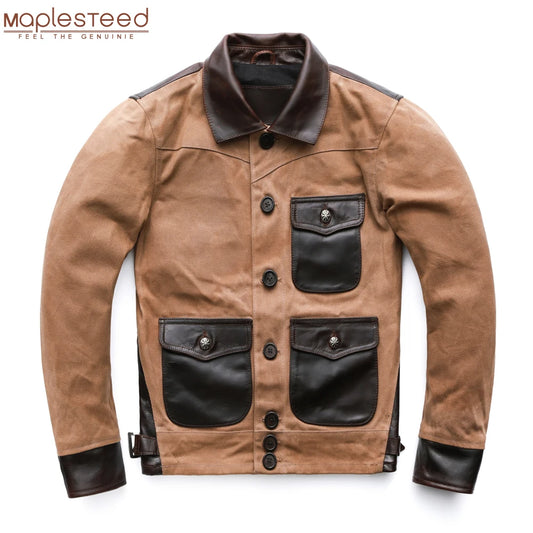 Fashion Men Jacket Men Oil Wax Genuine Leather Cowhide & Canvas Brown Green Slim Fit  Jackets Male Leather Coat Autumn M227