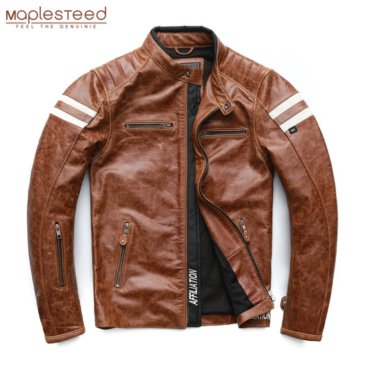 Motorcycle Leather Jacket Men 100% Cowhide Leather Coat Men 4 Protectors Slim Fit Male Biker Leather Coat Autumn Asian Size M218