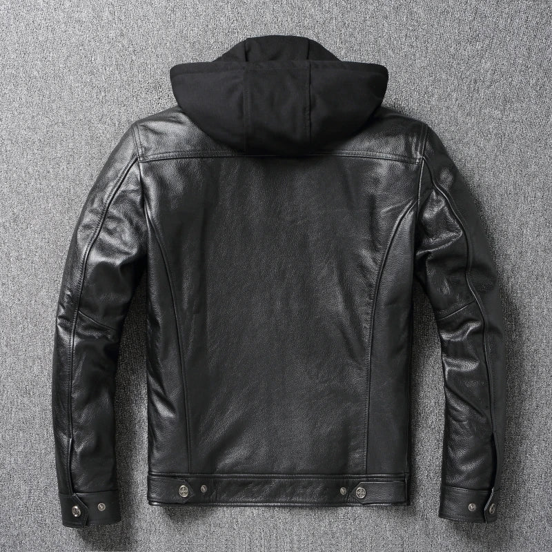 Removable Hooded Leather Jacket Men Genuine Cowhide Leather Coat Slim Biker Clothing Mens Coat Winter Veste Cuire Homme