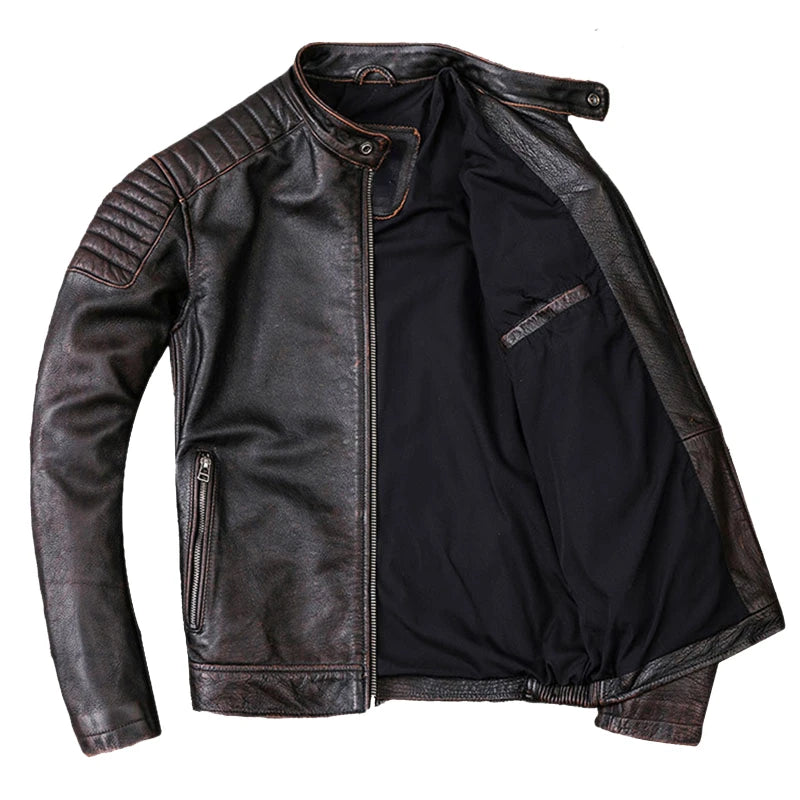 Vintage Leather Jacket Men 100% Genuine Cowhide Black Moto Biker Clothing Man Coat Boy Leather Coat Slim Autumn Asian Size M104