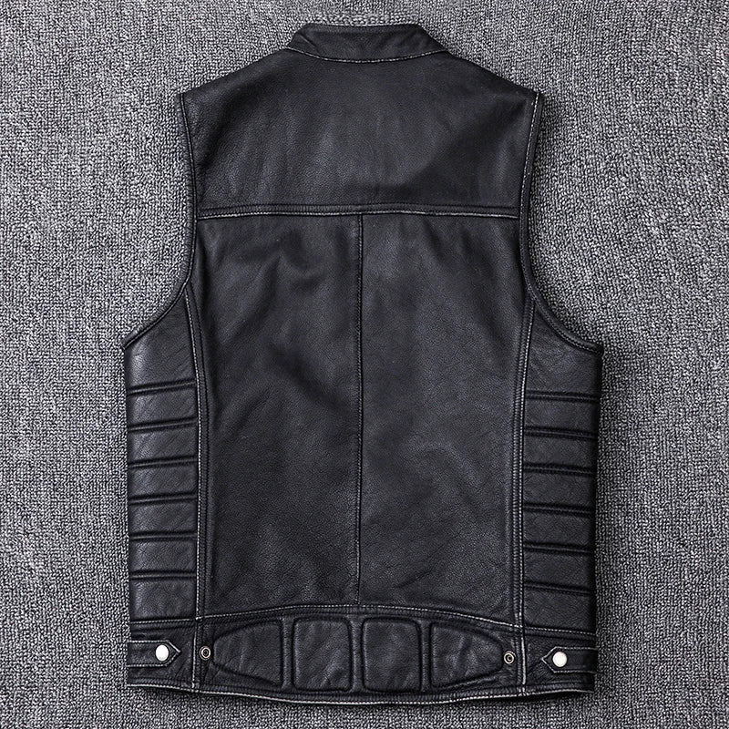 New Genuine Cowhide Leather Vest Men's Motorcycle Biker Vests High Quality Stand Collar Sleeveless Jackets Zipper Waistcoat