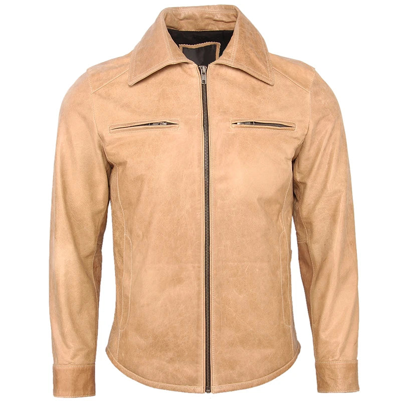 Men's Leather Jacket 100% Sheepskin Soft Thin Slim Fit Ginger yellow Men Leather Jacket Man Skin Coat Autumn Male Clothing M358