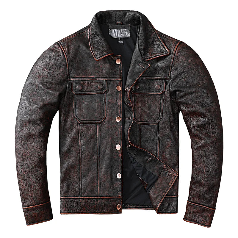 New Vintage Brown Workwear Style Cowboy Genuine Leather Jacket Natural Cowhide Coat Men's Stone Mill Old Style Clothes