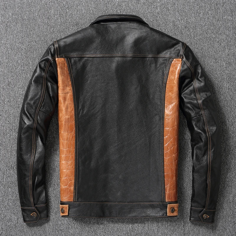 Cow Leather Patchwork Contrasting Lapel Leather Jacket for Men Casual Jacket Leather Coats  Genuine Cowhide Leather Jacket Men