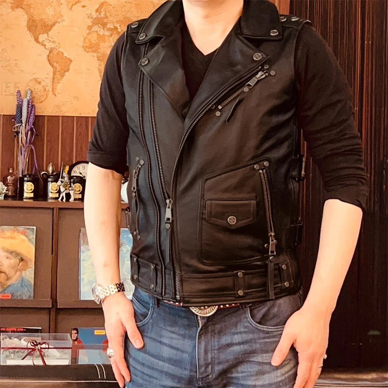 Vintage Brown Motorcycle Vests Men Natural Cowhide Genuine Leather Jacket Sleeveless Men's Riding Vest Motor Biker Jackets