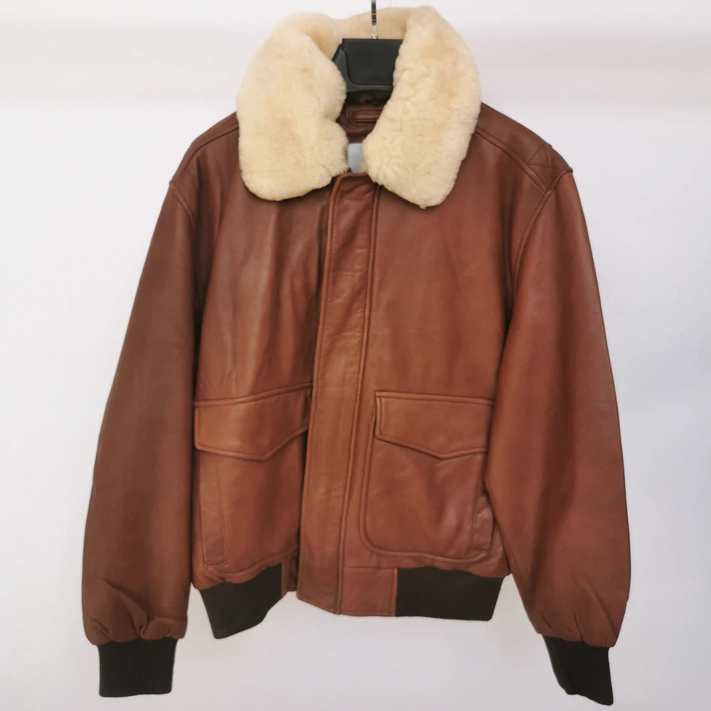 100% Sheepskin Soft Men Leather Jacket Quilted Flight Jacket Men Skin Coat Collar Removable Early Winter M176