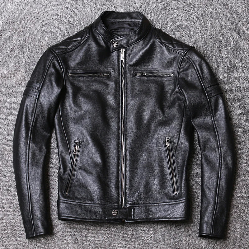 New Genuine Leather Jacket Men Coat Cowhide Slim Fashion Biker Motorcycle Jacket Clothing Real Calf Skin Leather Jacket Men