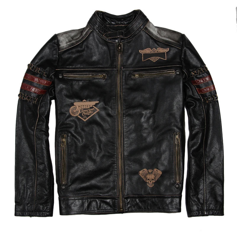 Motorcycle Jacket Men's Genuine Leather Jacket Cowhide Calf Skin Black Slim Men's Leather Jacket Male Biker Coat Autumn M094