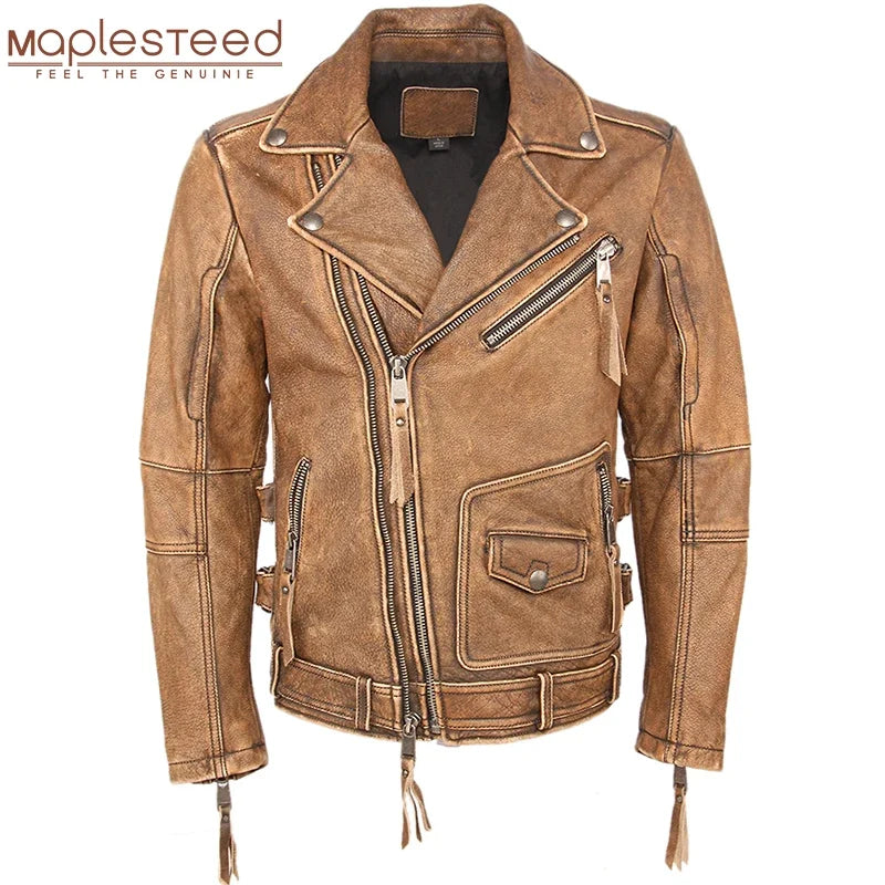 Vintage Motorcycle Jacket Slim Fit Thick Men Leather Jacket 100% Cowhide Moto Biker Jacket Man Leather Coat Winter Warm M455