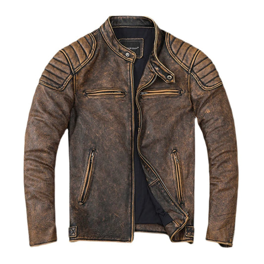 Vintage Yellow Genuine Leather Jacket Men Slim 100% Cowhide Motorcycle Style Biker Coat Mens Skin Coat