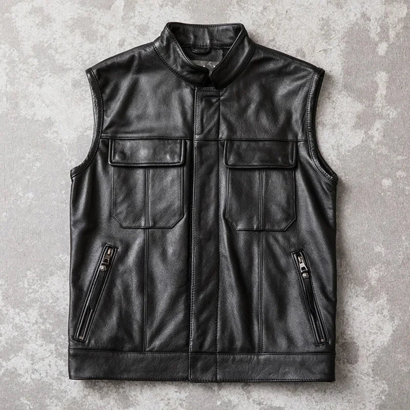 Motorcycle Biker Leather Vest Men Genuine Cow Leather Sleeveless Jackets 100% REAL Cowhide Stand Collar Waistcoat Outwear