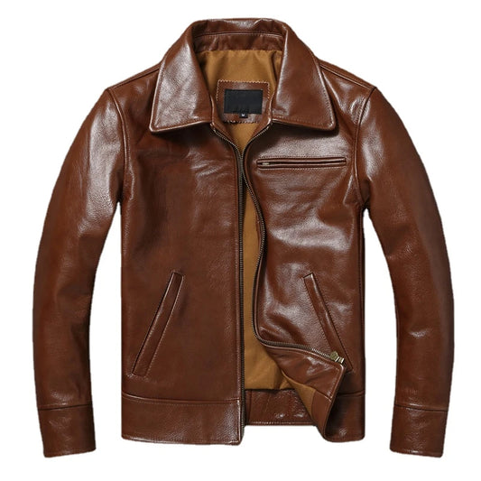 Brown Oil Waxed First Layer Cowhide Leather Jacket Men Fashion Swallowtail Style Slim Fit Leather Coat Men's Clothing Asian Size