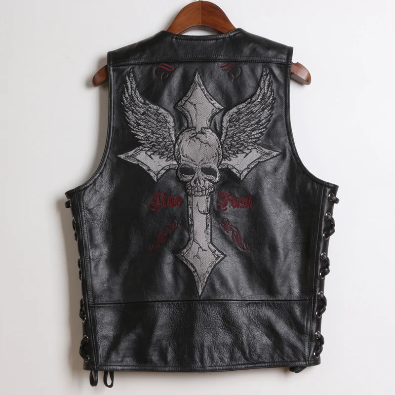 New Skull Embroidered Leather Waistcoat Men's Natural Cowhide Real Leather Slim Motor Vest Cross Motorcycle Biker Vest