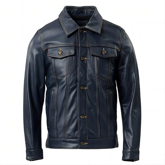 Classic 507 Style Real Cow Leather Jacket For Men Blue Black Slim Fit Genuine Skin Coat Male Clothes Autumn Asian Size M421