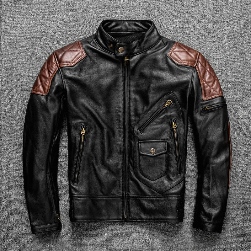 Men Motorcycle Jackets Cowhide Leather Jacket Men Natural Genuine Leather Clothes Protectors Biker Clothing Mens Coat S-2XL