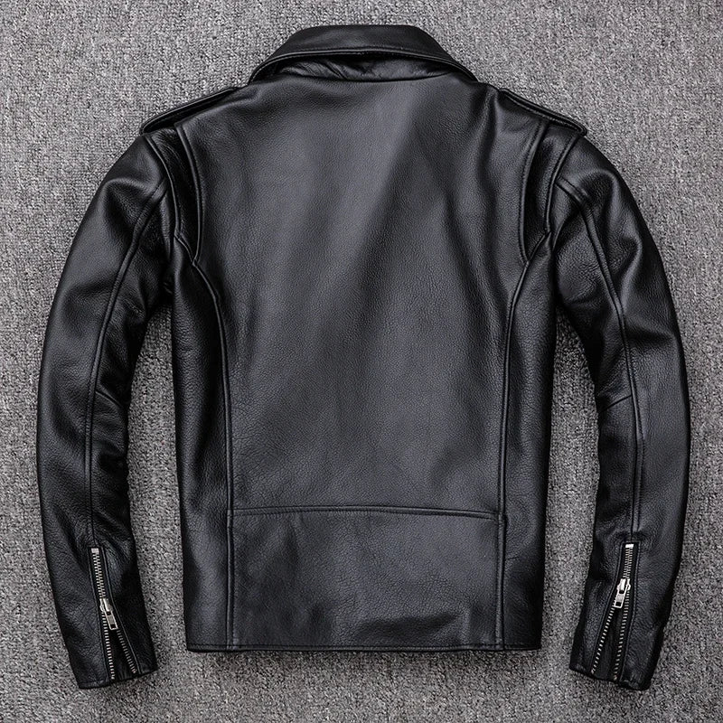 Spring Classical Motorcycle Oblique Zipper Jackets Men Leather Jacket Natural Calf Skin Thick Slim Cowhide Moto Biker Jacket Man