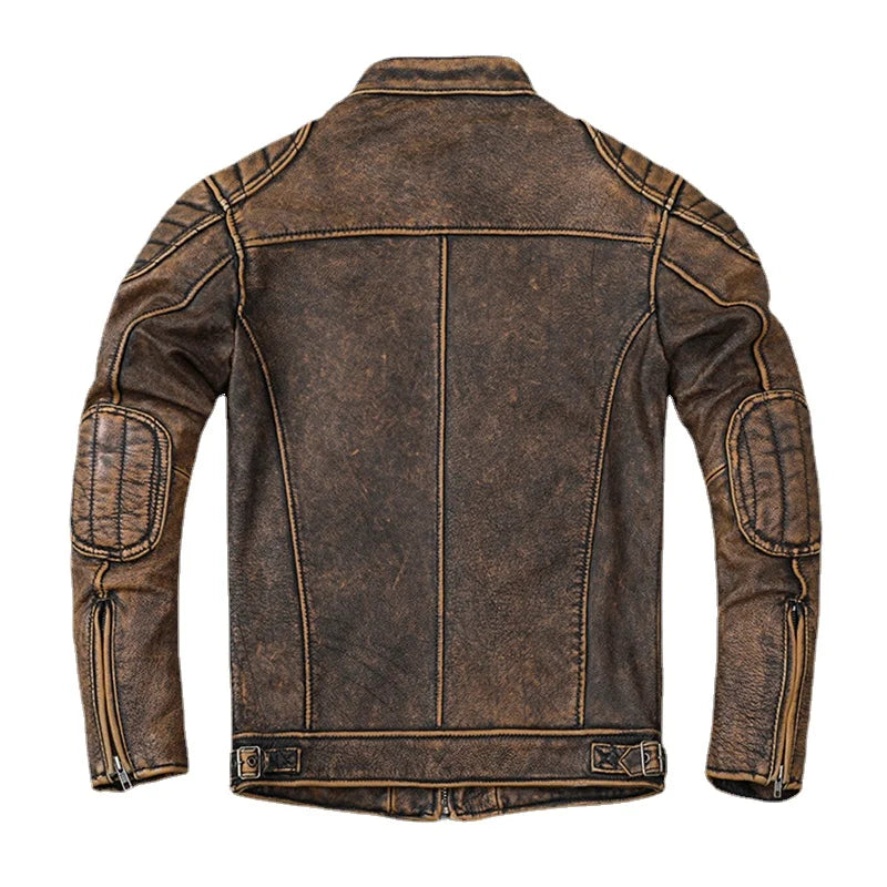 Vintage Yellow Genuine Leather Jacket Men Slim 100% Cowhide Motorcycle Style Biker Coat Mens Skin Coat