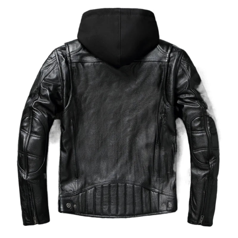 Thick Genuine Cowhide Leather Jacket Hood Classic Motorcycle Jackets Detachable Protective Men Leather Jacket Winter Biker Coat