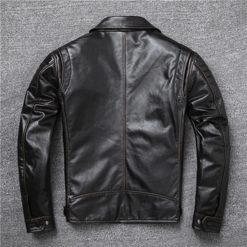 New Style Edging Brown Vintage Genuine Leather Jacket Men Cowhide Slim Fashion Biker Jackets Clothing Big Size S-5XL