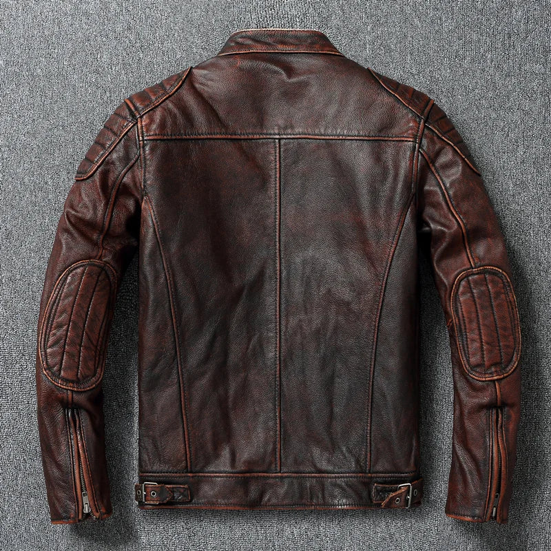 Vintage Red Brown Men Leather Jacket 100% Cowhide Jackets Slim Fit Soft Skin Coat Autumn Jaqueta Masculina De Couro