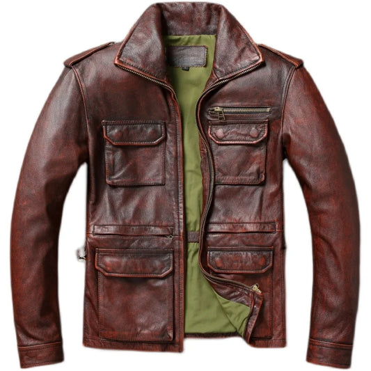 Vintage Red Brown Heavy M65 Hunting Jackets Long Head Layer Cowhide Leather Jacket Retro Leather Jacket Men's Motorcycle Jackets