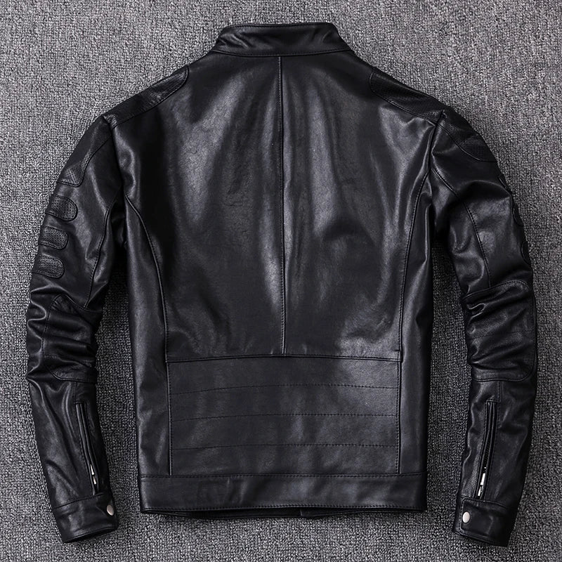 Men's Vegetable Tanned Sheepskin Leather Jacket Motorcycle Biker Jackets Slim Short Stand Collar Genuine Leather Clothes Coat