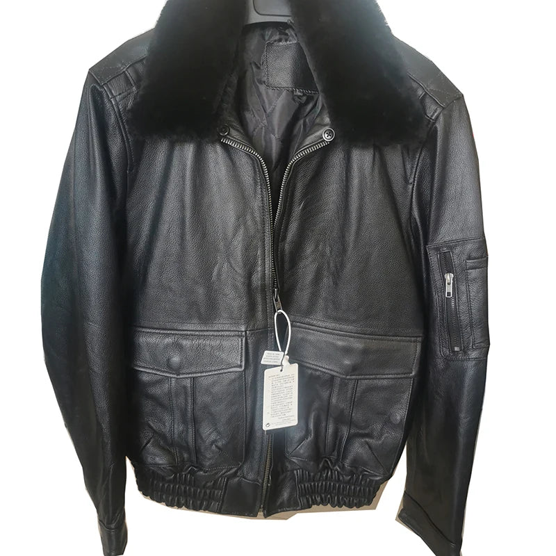 Classic Flight Style Air Force Men Genuine Leather Jacket Black Plus Size Cowhide Aviation Coat Warm Cotton Leather Clothes