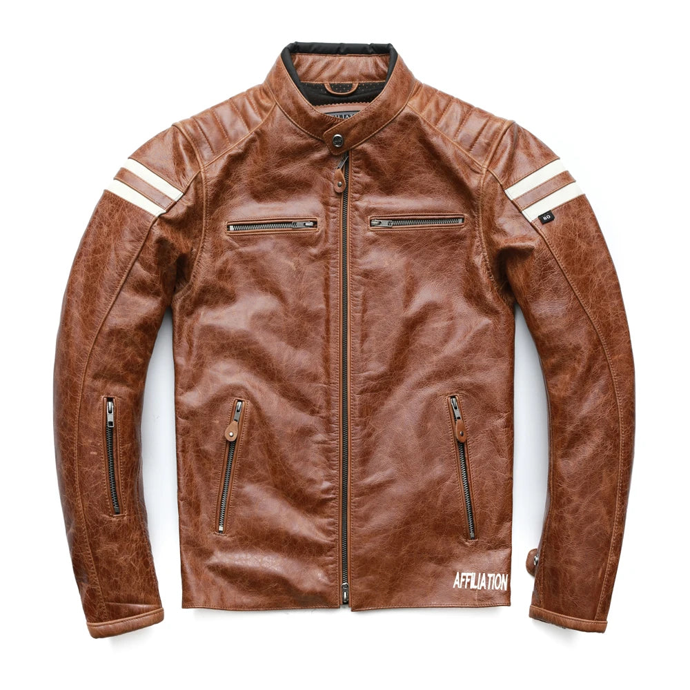 Motorcycle Leather Jacket Men 100% Cowhide Leather Coat Men 4 Protectors Slim Fit Male Biker Leather Coat Autumn Asian Size M218