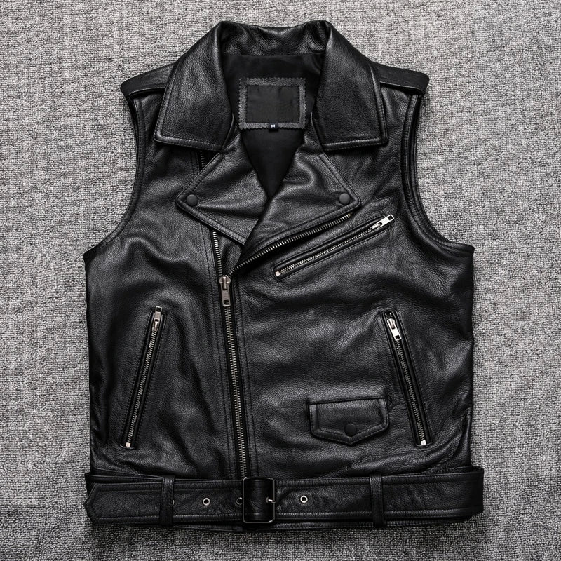 New Black Motorcycle Biker Leather Vest Men Genuine Leather Oblique zipper Sleeveless Jackets High Quality Cowhide Vests