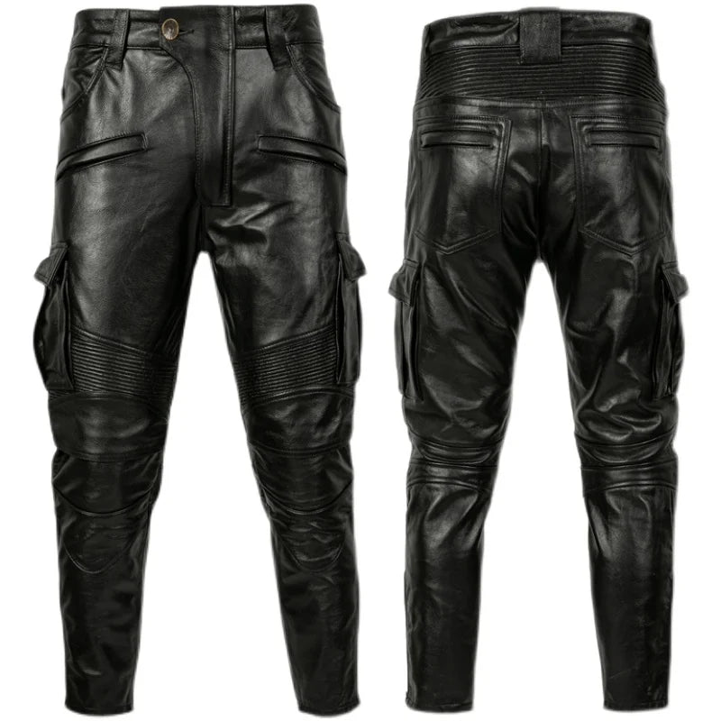 New Black Motorcycle Leather Pant First Layer Cowhide Leather Trousers Men Motor Riding Clothes Windproof Biker Pants Autumn