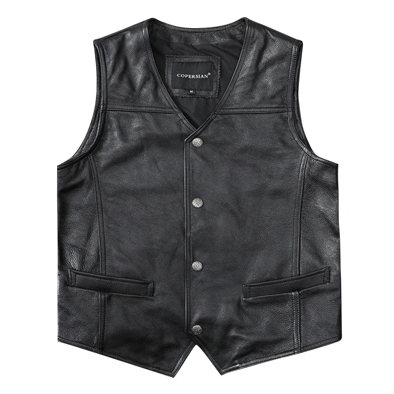 Casual Black Men Cow Leather Vest V-Neck Slim Genuine Leather Vests Mens Cowhide Waistcoat