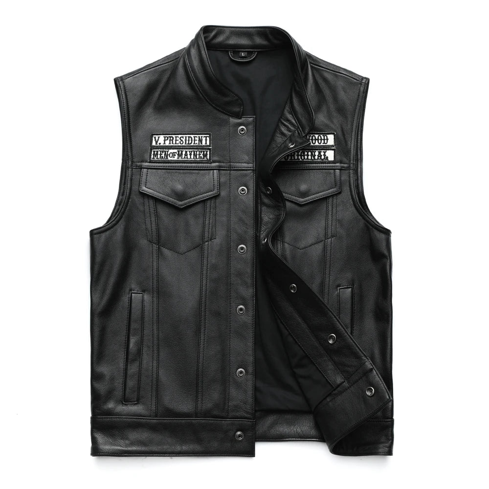 Classic Motorcycle Leather Vest Men100% Genuine Cowhide Skin Biker Leather Vest Moto Leather Waistcoat M436