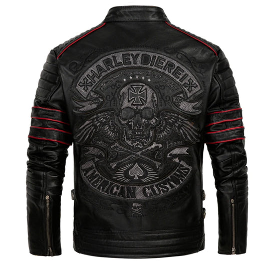 Back Embroidery Skull Motorcycle Jackets Real Cowhide Genuine Leather Jacket Mens Riding Jacket Motor Biker Men Leather Coat