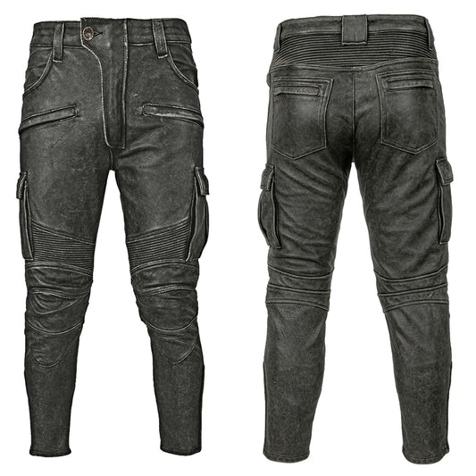 Vintage Grey Black Motorcycle Leather Trousers Men Leather Pant Thick Natural Cowhide Men's Motor Biker Racer Pants Asian Size