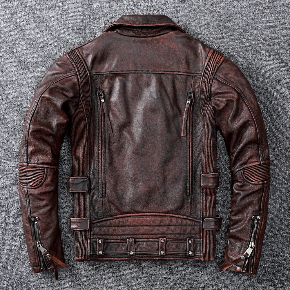 Vintage Brown Motorcycle Leather Jacket Men Natural Genuine Cowhide Jackets Autumn Slim Fit Biker's Ooblique Zipper Coat