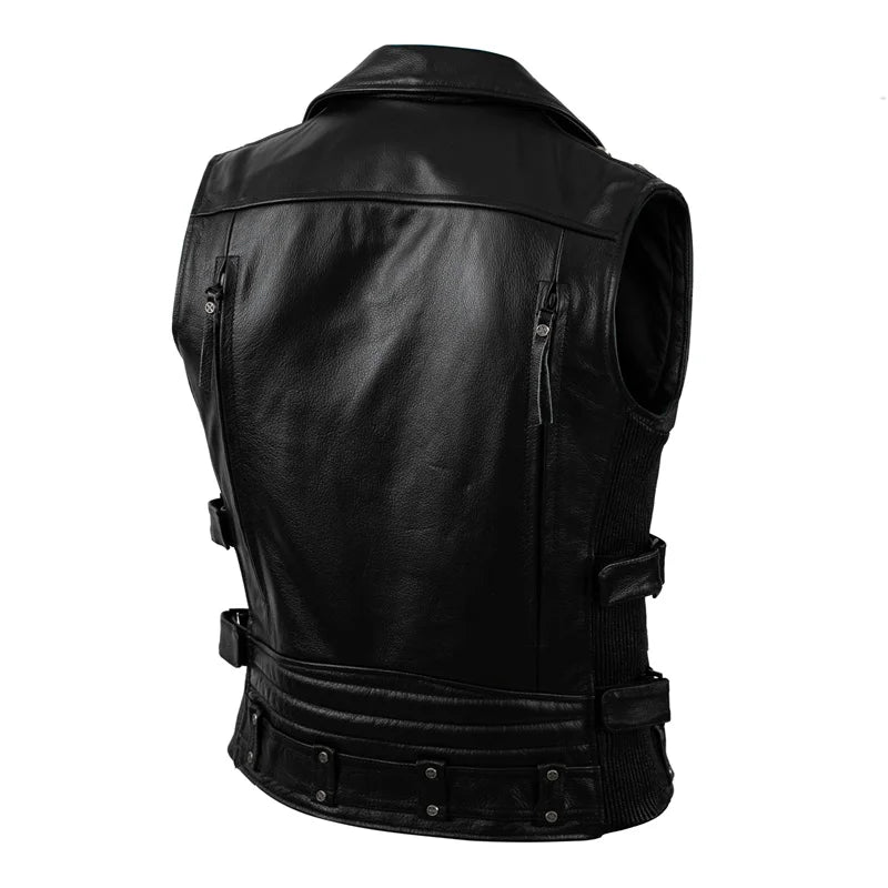 Fashion Motorcycle Vest Black Real Cowhide Genuine Leather Vests Men Motor Riding Vest Leather Sleeveless Jacket Autumn Winter