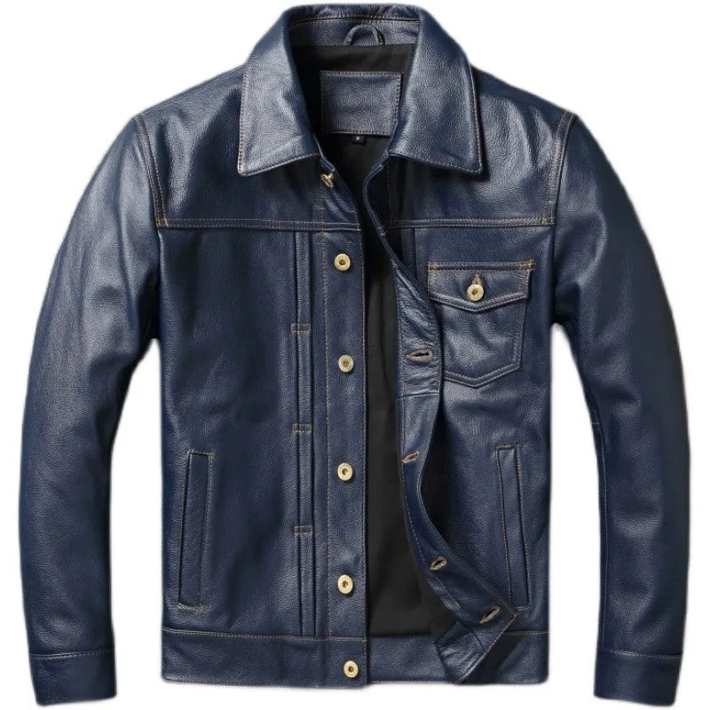 Vintage Blue Genuine Leather Jacket Men 506 Style Slim Fit Short Cowhide Skin Mens Leather Coat Autumn Натуральная Кожа Куртка