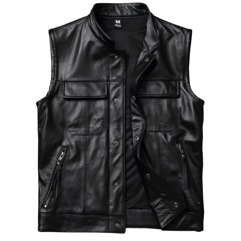 Cowhide Motorcycle Vests Real Cow Leather Jacket Sleeveless Black Moto Biker Vests Slim Fit Club Riding Spring