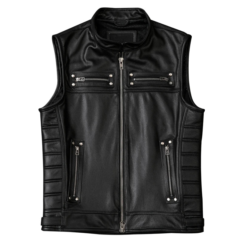 New Genuine Cowhide Leather Vest Men's Motorcycle Biker Vests High Quality Stand Collar Sleeveless Jackets Zipper Waistcoat