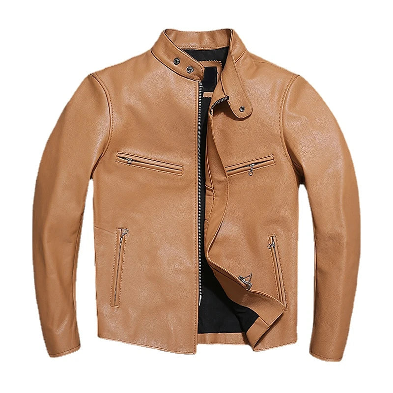 Slim Fit Mens Leather Jackets Light Yellow Real Cowhide Genuine Leather Jacket Men Autumn Jackets Male Skin Coats