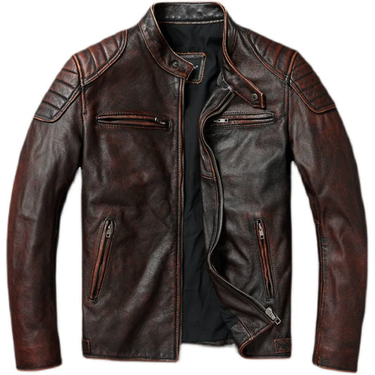 Vintage Red Brown Men Leather Jacket 100% Cowhide Jackets Slim Fit Soft Skin Coat Autumn Jaqueta Masculina De Couro