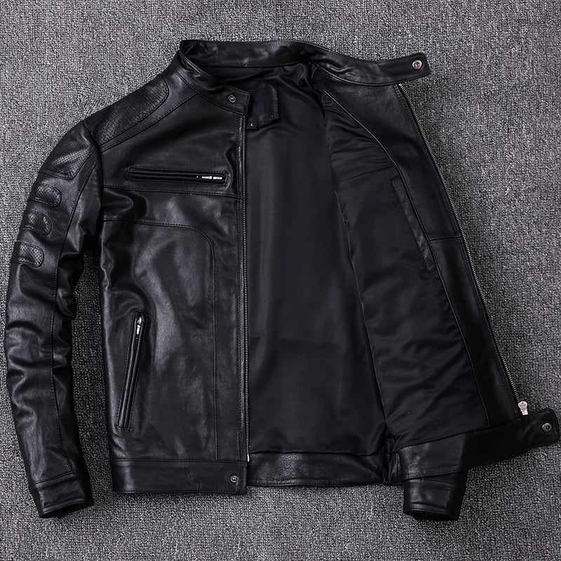 Men's Vegetable Tanned Sheepskin Leather Jacket Motorcycle Biker Jackets Slim Short Stand Collar Genuine Leather Clothes Coat