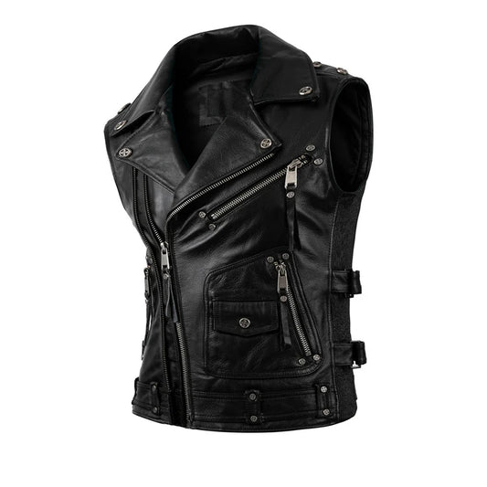 Fashion Motorcycle Vest Black Real Cowhide Genuine Leather Vests Men Motor Riding Vest Leather Sleeveless Jacket Autumn Winter