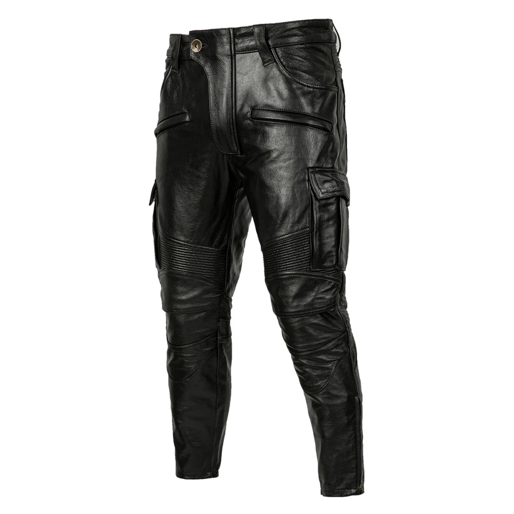 New Black Motorcycle Leather Pant First Layer Cowhide Leather Trousers Men Motor Riding Clothes Windproof Biker Pants Autumn