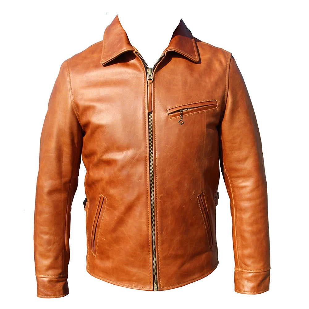 Oil Waxed Cowhide Genuine Leather Jacket Men Color Changes Slim Fit Real Skin Coat Autumn Chaqueta Cuero Hombre Mens Jackets