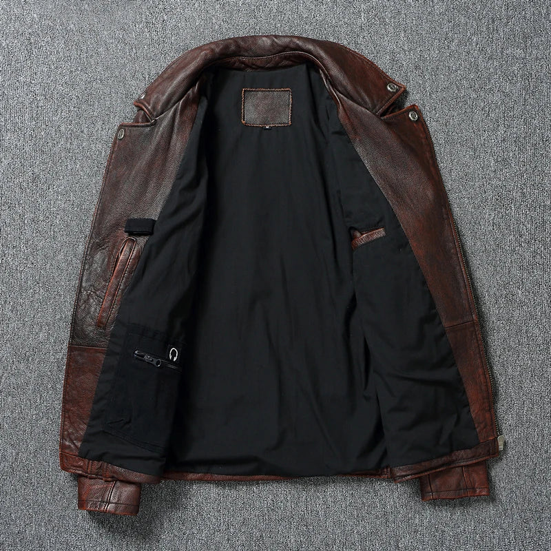 Men Leather Jacket Biker Clothes Genuine Cowhide Jackets Slim Stone Grinding Vintage Motorcycle Coat Chaquetas Moto Hombre