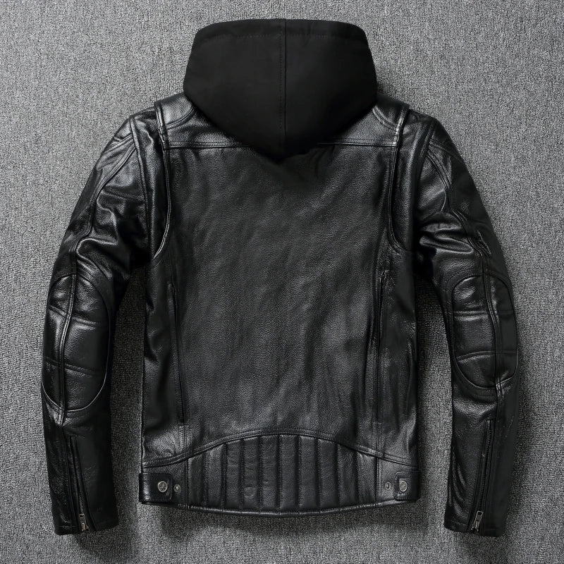 Thick Genuine Cowhide Leather Jacket Hood Classic Motorcycle Jackets Detachable Protective Men Leather Jacket Winter Biker Coat