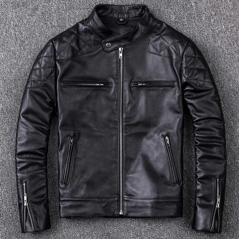 Spring and Autumn Natural Cowhide Leather Jacket Men Motorcycle Jackets Biker Clothing Man Slim Real Leather Coat